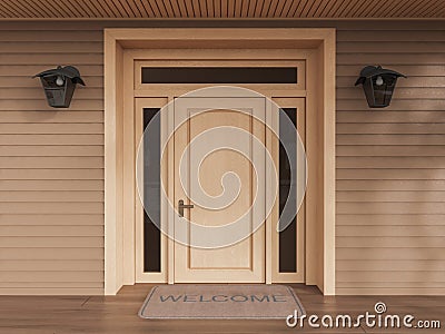 Front door of wooden house with welcome mat on the floor, entrance Cartoon Illustration