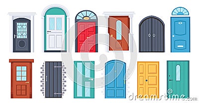 Front doors. Cartoon vintage house wooden doorway. Door with glass window. Home entrances with frame and doorknob. Doors Vector Illustration