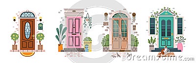 Front doors with exterior elements. House facade vintage gates, outdoor objects plants with cat, city birds and Vector Illustration