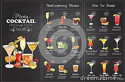 Front Drawing horisontal cocktail menu design Vector Illustration