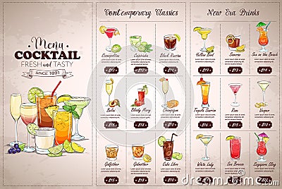 Front Drawing horisontal cocktail menu Vector Illustration