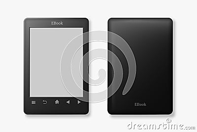 Front ebook and back view template. Tablet black with empty screen and control buttons handy digital library. Vector Illustration