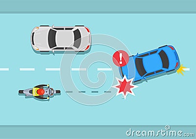 Front end crash on the road. Overtaking car collision with oncoming motorcycle. Top view. Vector Illustration