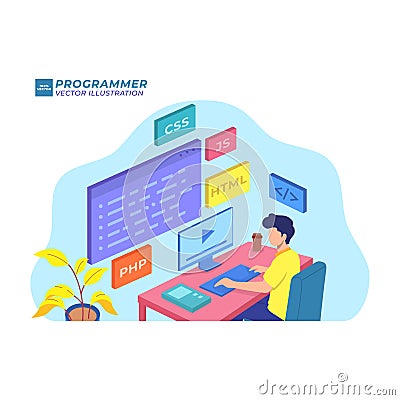 front end developer flat illustration programmer software database Vector Illustration