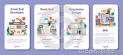 Front end developer mobile application banner set. Website interface Vector Illustration