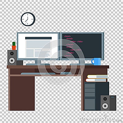 Front-end Developer Workspace. Flat Design Office Interior Vector Illustration