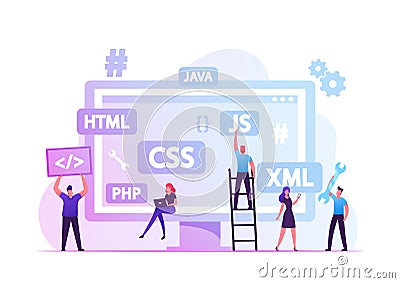 Front End Development Concept. Developers Create Web Interface, Coding and Programming on Computer Vector Illustration