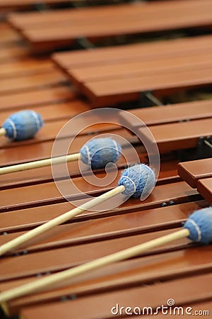 Front ensemble marimba with brown keys and blue yarn mallets Stock Photo