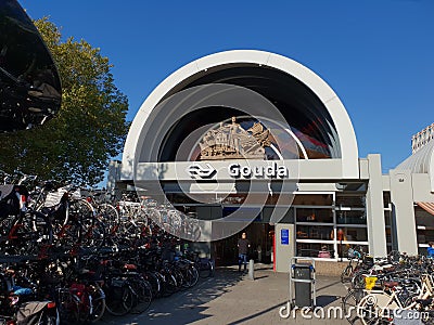 Front entrance of the railway station of Gouda, cheese capital of the netherlands. Editorial Stock Photo