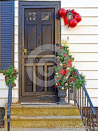 historic home in Stockade Historic District decorated for Christmas Stock Photo