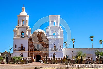 Front Of Spanish Mission Xavier De Bac In Arizona Stock Photo