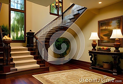 front entry foyer of a luxurious home rich wood tones staircase bench with a welcoming feel Stock Photo