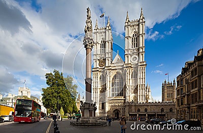 Front facade of Westminster Abbey on a sunny day. London, UK Editorial Stock Photo