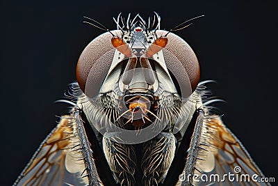 Close-Up View of a Flys Head and Antenna Detail Against a Dark Background Stock Photo