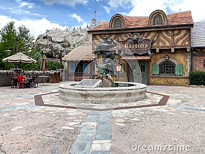 The front of Gaston`s Tavern restaurant in Fantasyland in the Magic Kingdom Editorial Stock Photo