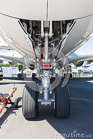 The front landing gear of the aircraft - Airbus A380. Editorial Stock Photo