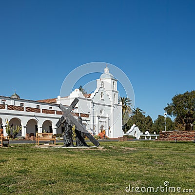 Front lawn of Mission San Luis Rey with religious statues Editorial Stock Photo