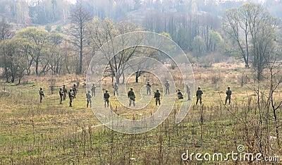 Front Line. Military attack on battlefield from ambush Stock Photo