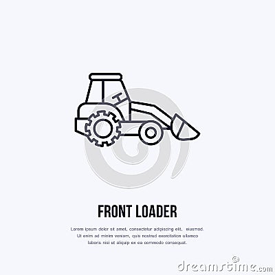 Front loader vector flat line icon. Transportation logo. Illustration of excavator, industrial equipment rent Vector Illustration