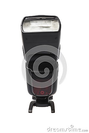 Front look of a DSLR camera speedlite flash on its stand, isolated on white background Stock Photo