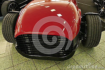 Front mask and front wheels of modern three wheeled american autocycle Vanderhall Carmel GTS Venice Editorial Stock Photo