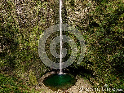 The front of the massive 100m high waterfall Levada do Caldeirao Verde on Madeira Island Stock Photo