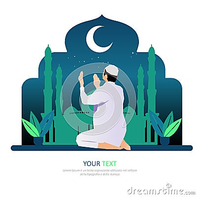 In front of mosque man praying to Allah, ramadan kareem, happy eid, illustration vector graphic islamic holy month of ramadhan. Vector Illustration