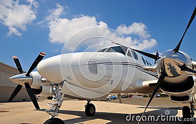 Front nose of a twin engine plane Stock Photo