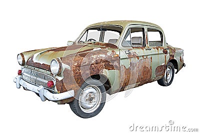 Front of old rusty classic car isolated on white background. Old rusty ancient car isolated Stock Photo