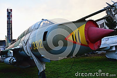 Front part and cabin of Soviet variable-sweep wing fighter-bomber aircraft Sukhoi Su-22M4, in Nato codename Fitter. Editorial Stock Photo