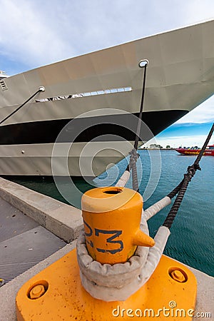 Front part of large luxury yacht tied to the dock on Lake Michigan Editorial Stock Photo