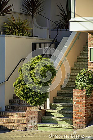 Front porch entranceway with brown brick facade and beige stucco cement with shrubs and sidewalk on house or home Stock Photo