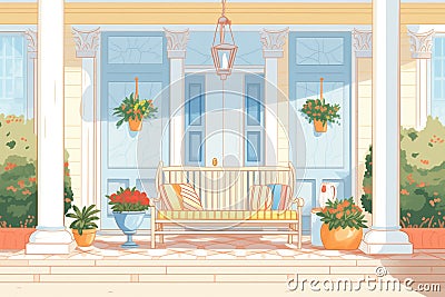 front porch of a greek revival villa, magazine style illustration Cartoon Illustration