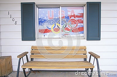 Front Porch with Olympic Flag in Window, Park City, Utah Editorial Stock Photo