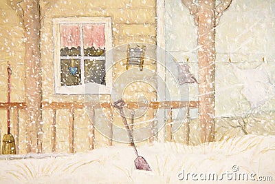 Front porch in snow with clothesline Stock Photo