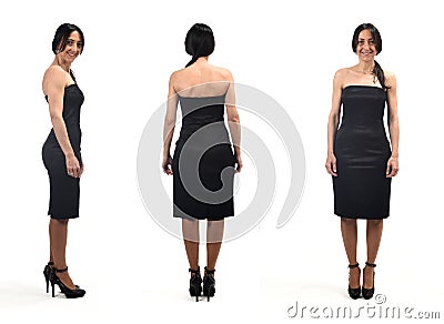 Front profile and rear view of an elegant woman wearing a strapless word on white background Stock Photo