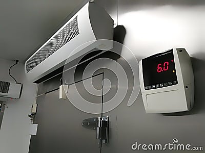 Front of Raw Seafood and Meat Cold storage room with control temperature Stock Photo