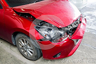 Front of red car get accident hit the damage until crash Stock Photo