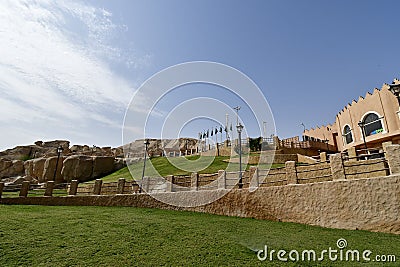 Front road Entrance of the resort Land of civilization in Al Qarah mountain in Saudi Arabii Stock Photo