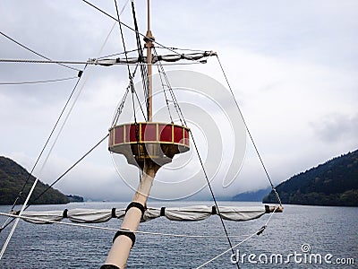 Front section of a pirate ship at Lake Ashi in Japan. Hakone sightseeing cruise. Stock Photo