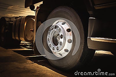 Front of Semi Truck Wheels Tires. Alloy Wheels, Rubber, Tyres. Tractor Truck. Freight Trucks Logistics Transport. Auto Service Stock Photo