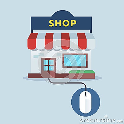 Front shop connect with mouse, online shopping concept. Cartoon Illustration