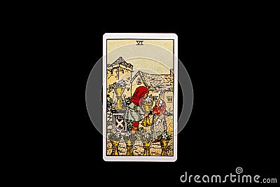 An individual minor arcana tarot card isolated on black background. Six of cups. Stock Photo