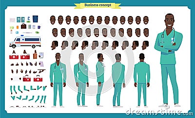 Front, side, back view animated black american character. Doctor character creation set with various views, face emotions, poses Vector Illustration