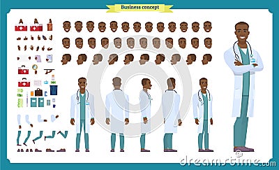 Front, side, back view animated black american character. Doctor character creation set with various views, face emotions, poses Vector Illustration