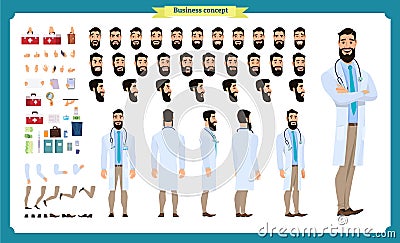 Front, side, back view animated character. Doctor character creation set with various views Vector Illustration