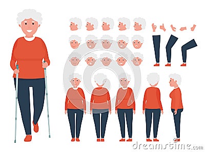 Front, side, back view animated character. Elderly woman character creation set with various views. Cartoon flat vector Vector Illustration