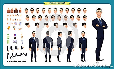 Front, side, back view animated character. Manager character creation set with various views, hairstyles, face emotions, poses Vector Illustration