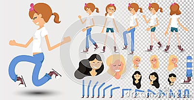 Front, side, back view animated character. Schoolgirl character creation set with various views, hairstyles, face emotions, poses Stock Photo