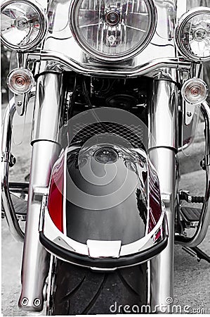 front side of classic motorcycle/ Chrome and black pain Stock Photo